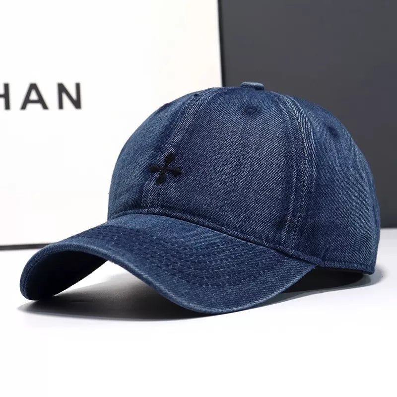 Denim baseball cap back and closure view