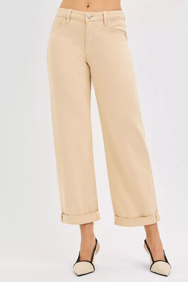 RISEN cream barrel leg jeans front view