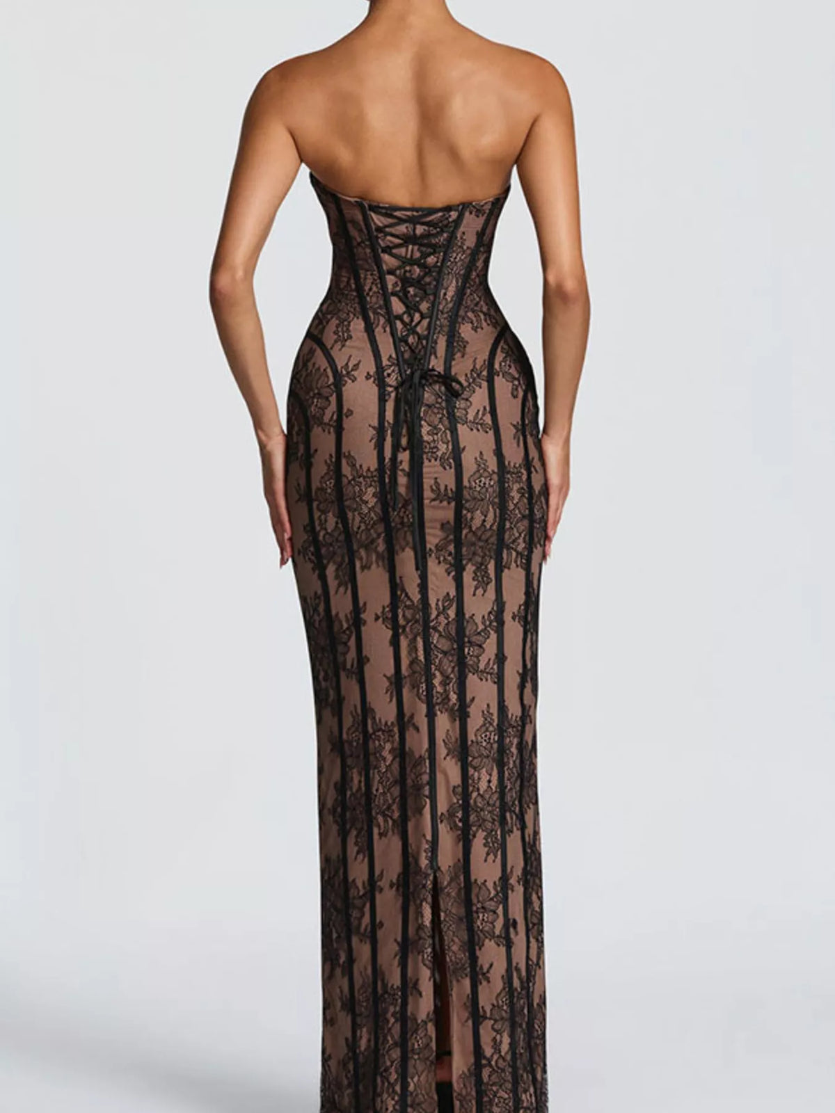 Lace Up Back Strapless Maxi Dress styled look