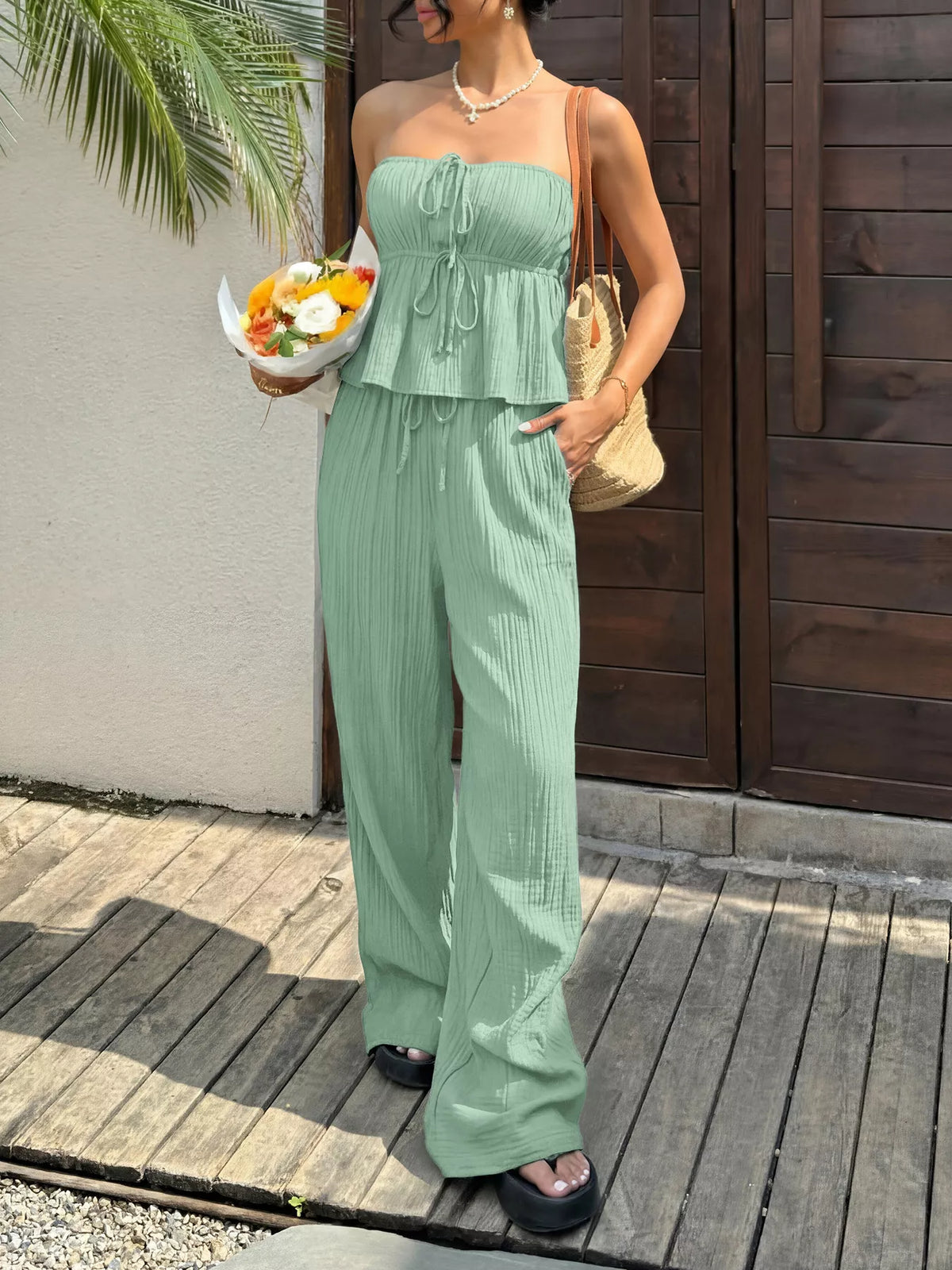 Strapless tube top two piece wide leg set styled