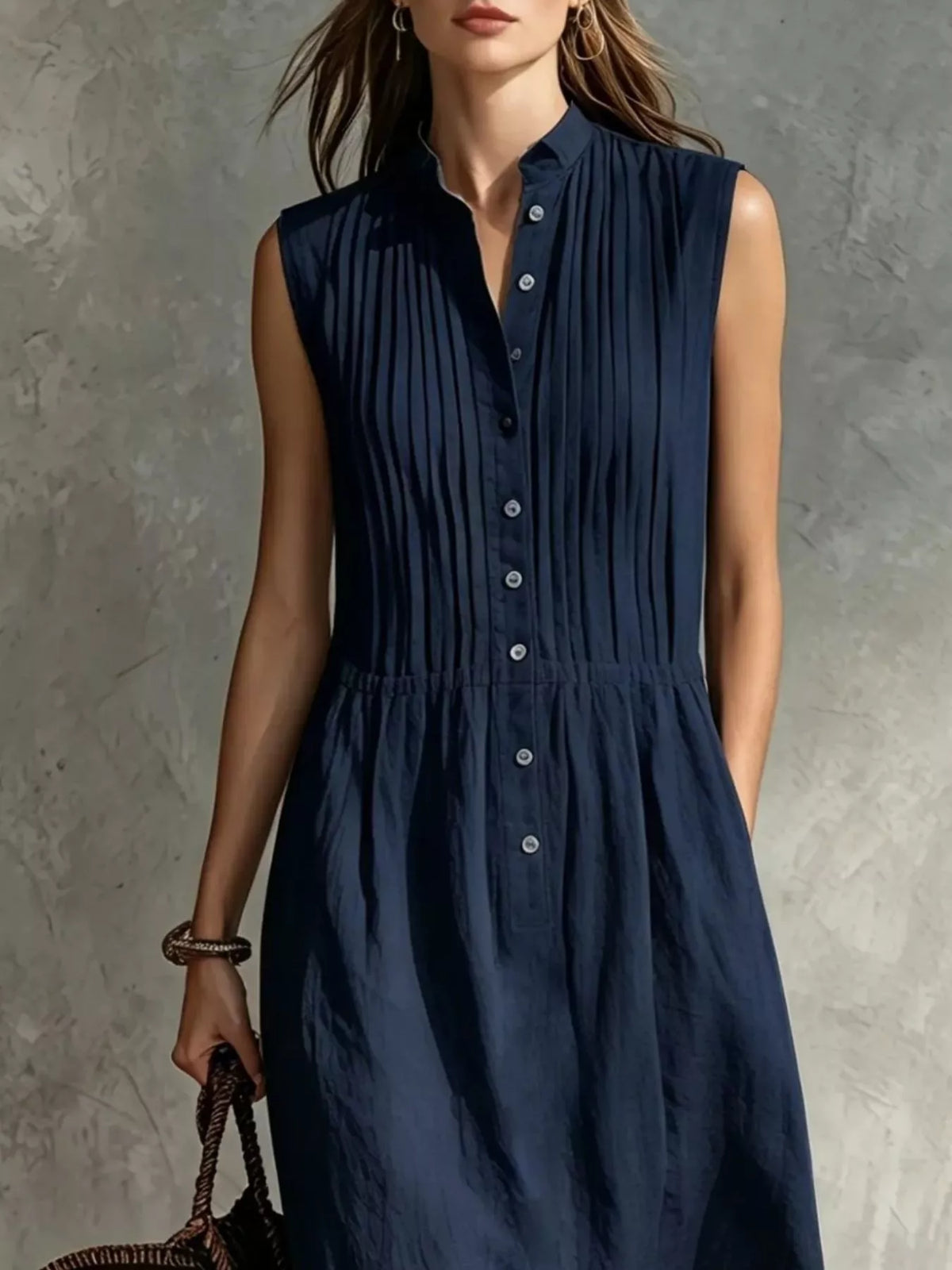 Sleeveless Button Front Midi Dress with Pockets, view 12