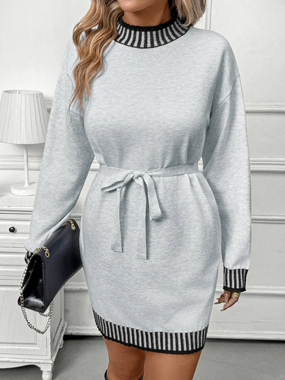 Striped Trim Tie Waist Sweater Dress - Fashorio