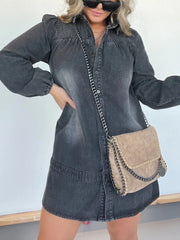 Full Size Button Front Long Sleeve Denim Dress Plus Size Washed Black - Fashorio