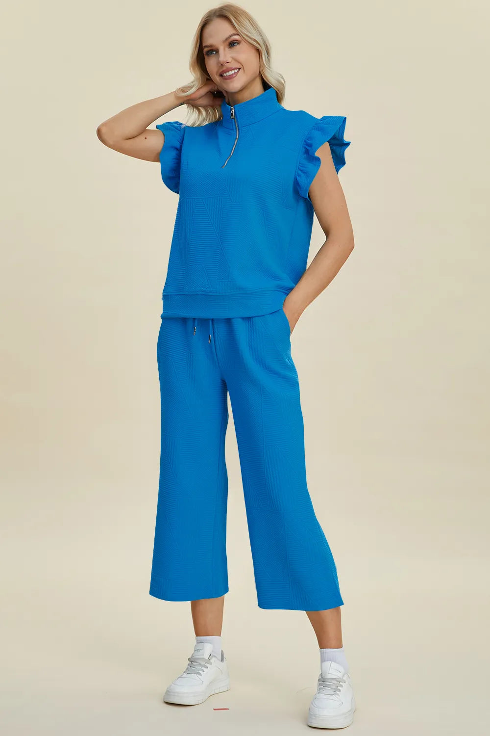 Double Take Full Size Texture Ruffle Short Sleeve Top and Wide Leg Pants Set - Fashorio