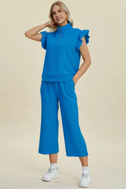 Double Take Full Size Texture Ruffle Short Sleeve Top and Wide Leg Pants Set - Fashorio