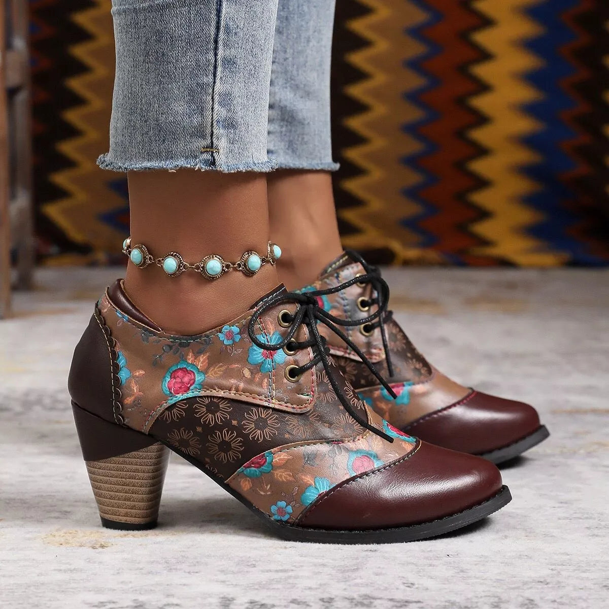 Lace up block heel ankle boots top down view