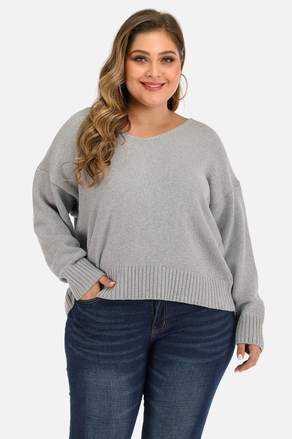 Plus Size V Neck Pullover Sweater Cloudy Blue - Fashorio