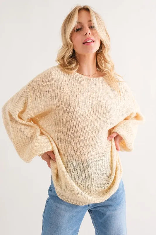 Sequin Lightweight Pullover Sweater in Cream back view