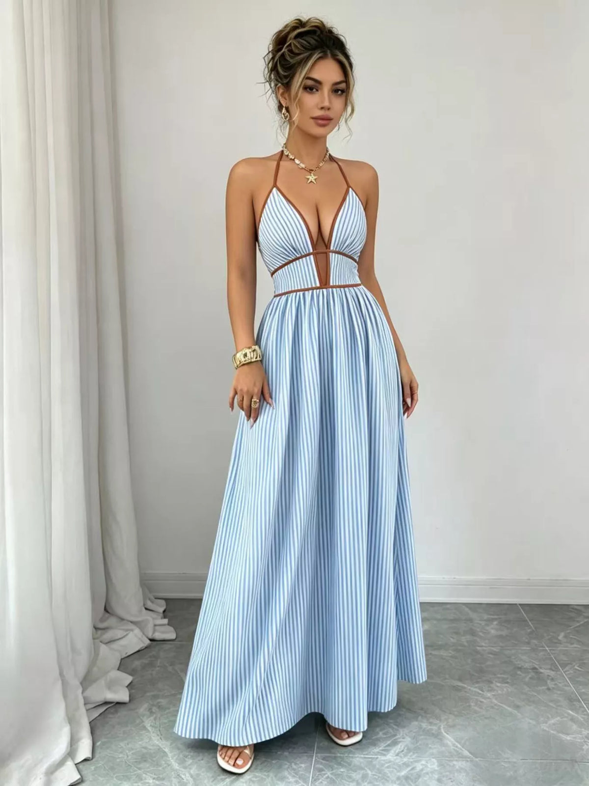 Khaki striped halter neck maxi dress front view