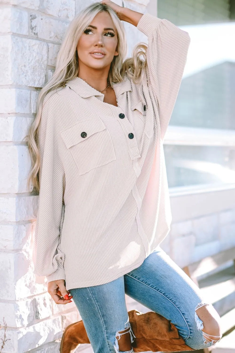 Collared Neck Half Button Long Sleeve Blouse - Fashorio