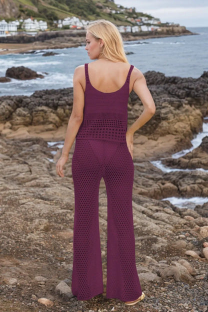 Hollow Out Round Neck Top and Pants Sweater Cover Up Set - Fashorio