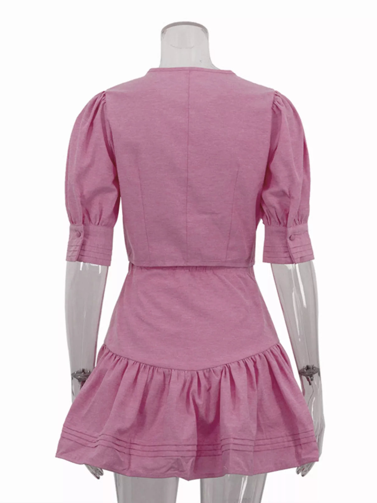 Fuchsia pink puff sleeve top and skirt matching set styled look