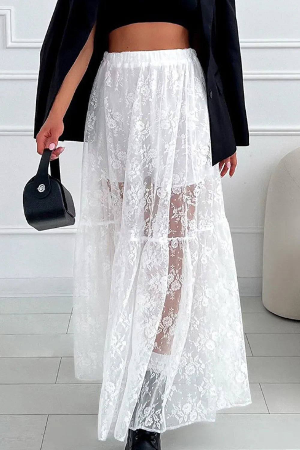 Lace maxi skirt showing delicate texture