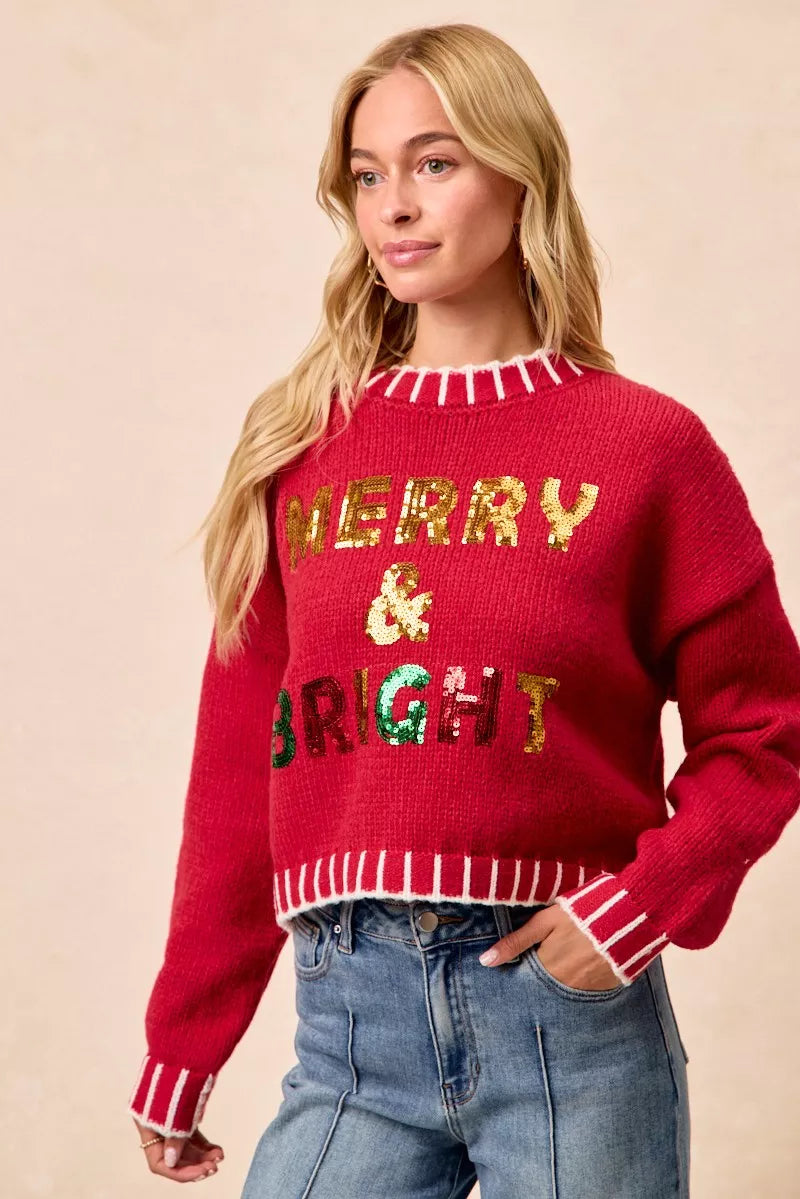 Sequin Lettering Christmas Sweater in Red on model