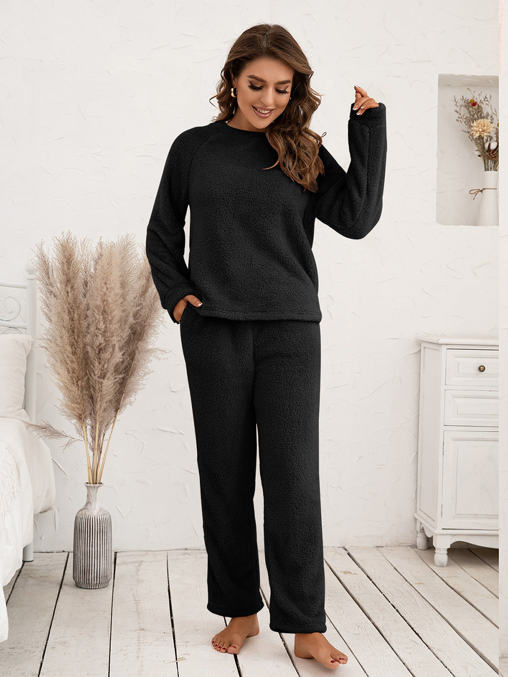 Ivy Lane Teddy Long Sleeve Top and Pants Lounge Set Black - Fashorio