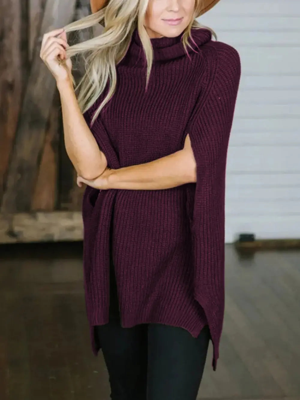 Turtleneck Slit Sweater - Fashorio