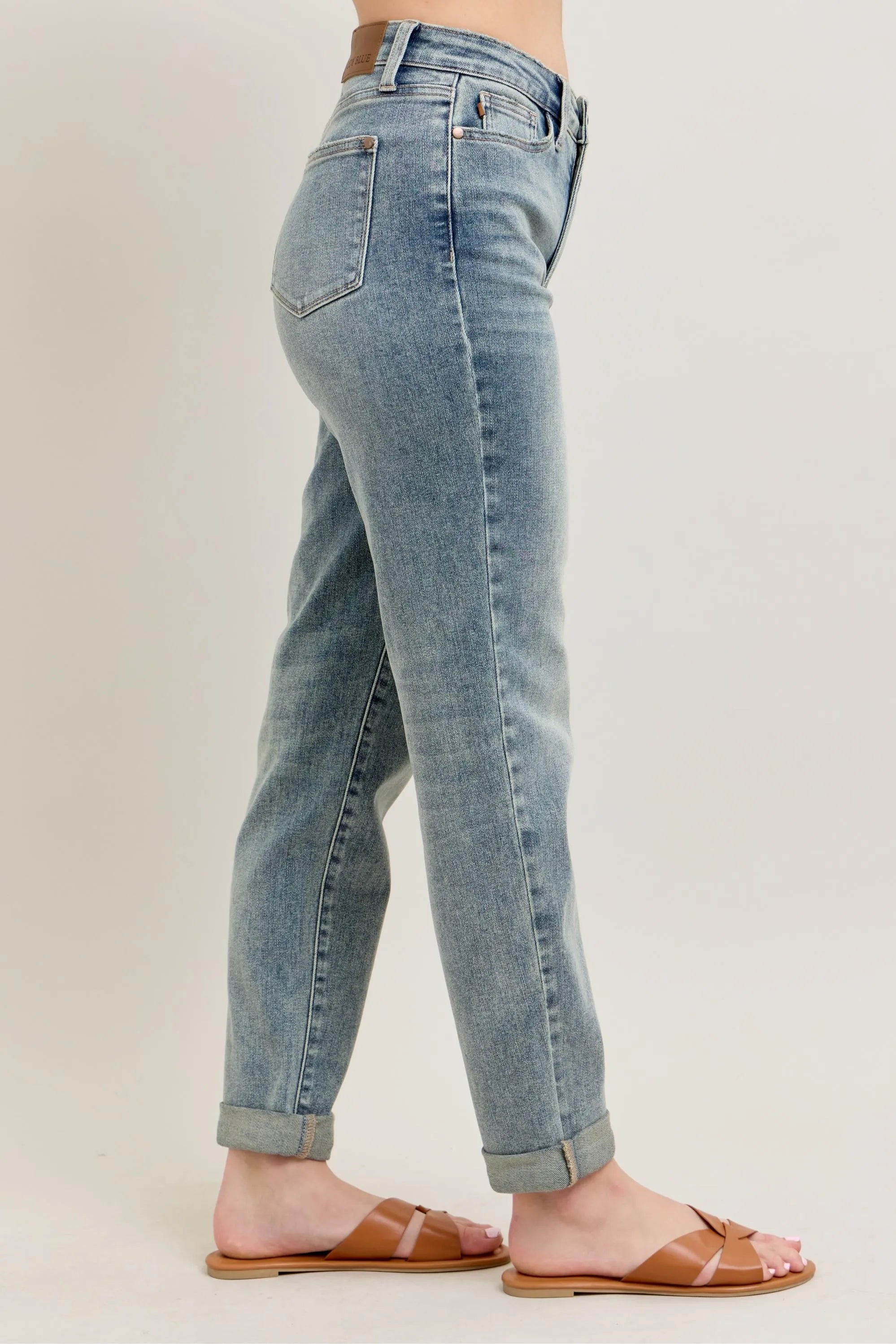 Judy Blue Full Size Hw Vintage Wash Double Roll Cuff Bf Jeans Plus Size - Fashorio
