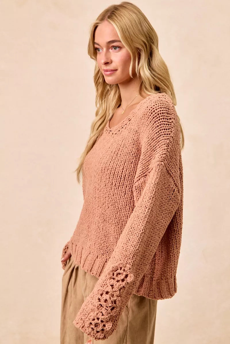 Chunky Knit Sweater with Floral Sleeves in Dusty Peach view 8