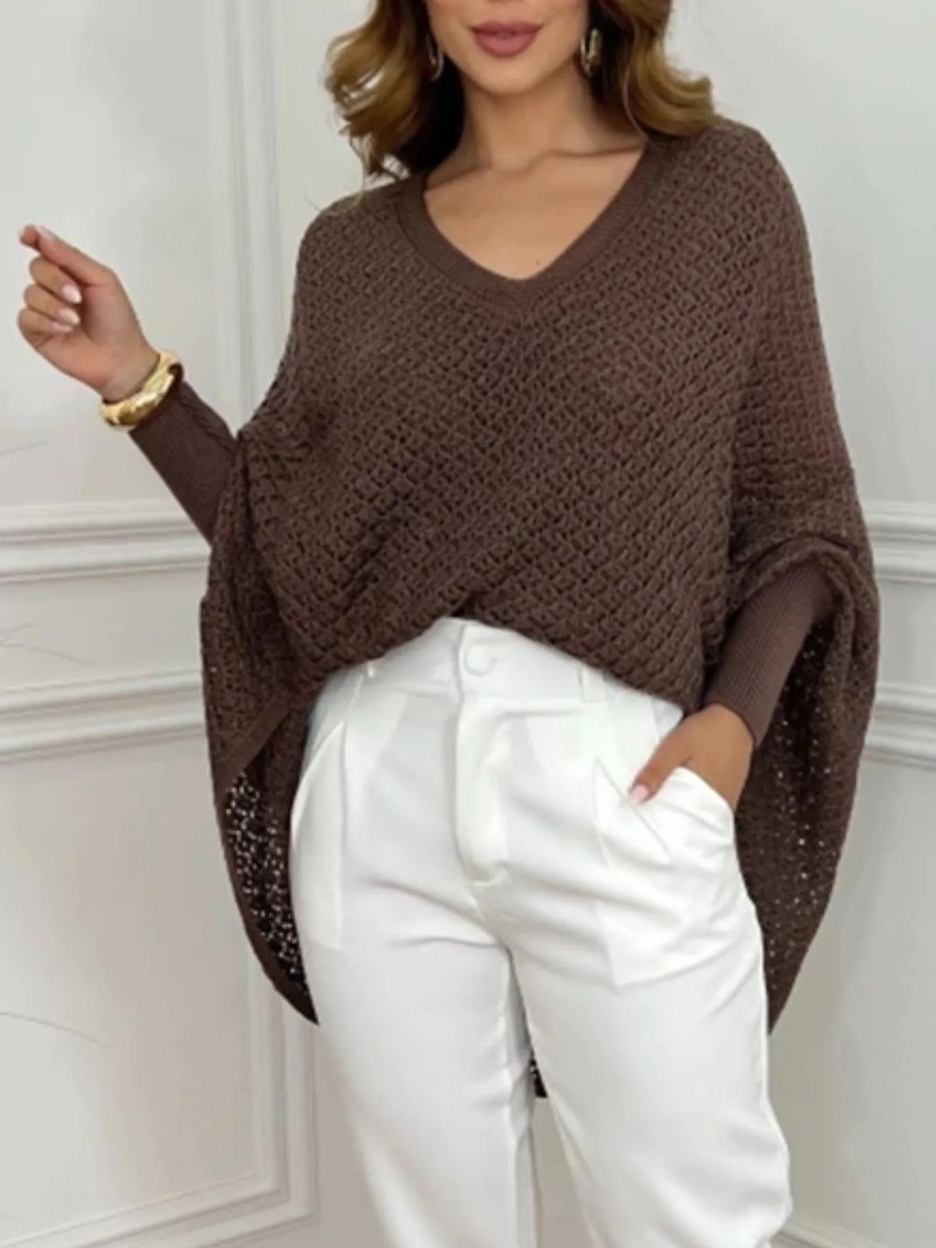 Crochet V-Neck Batwing Sleeves Oversized Sweater - Fashorio