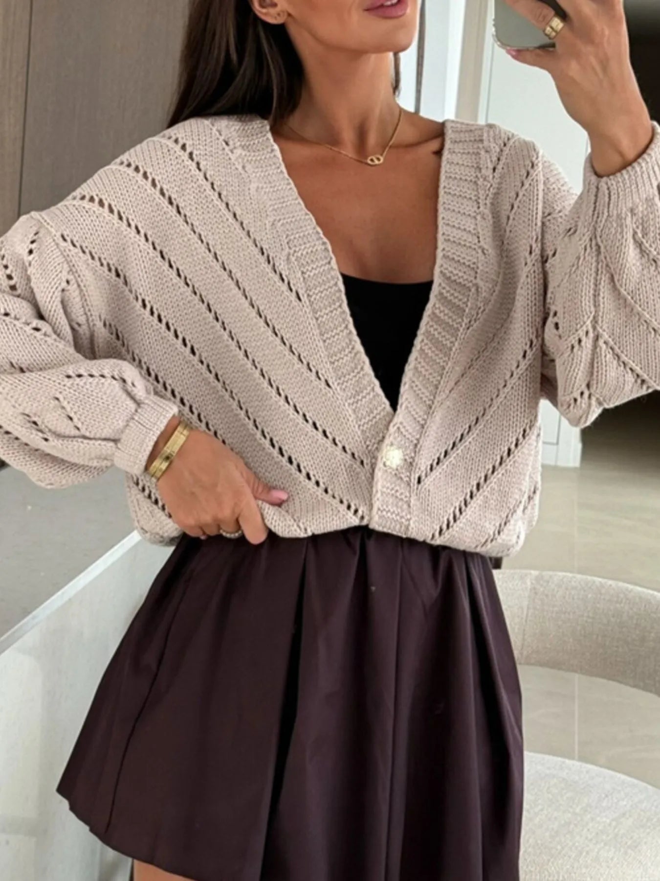 Openwork Long Sleeve Cardigan Apricot - Fashorio