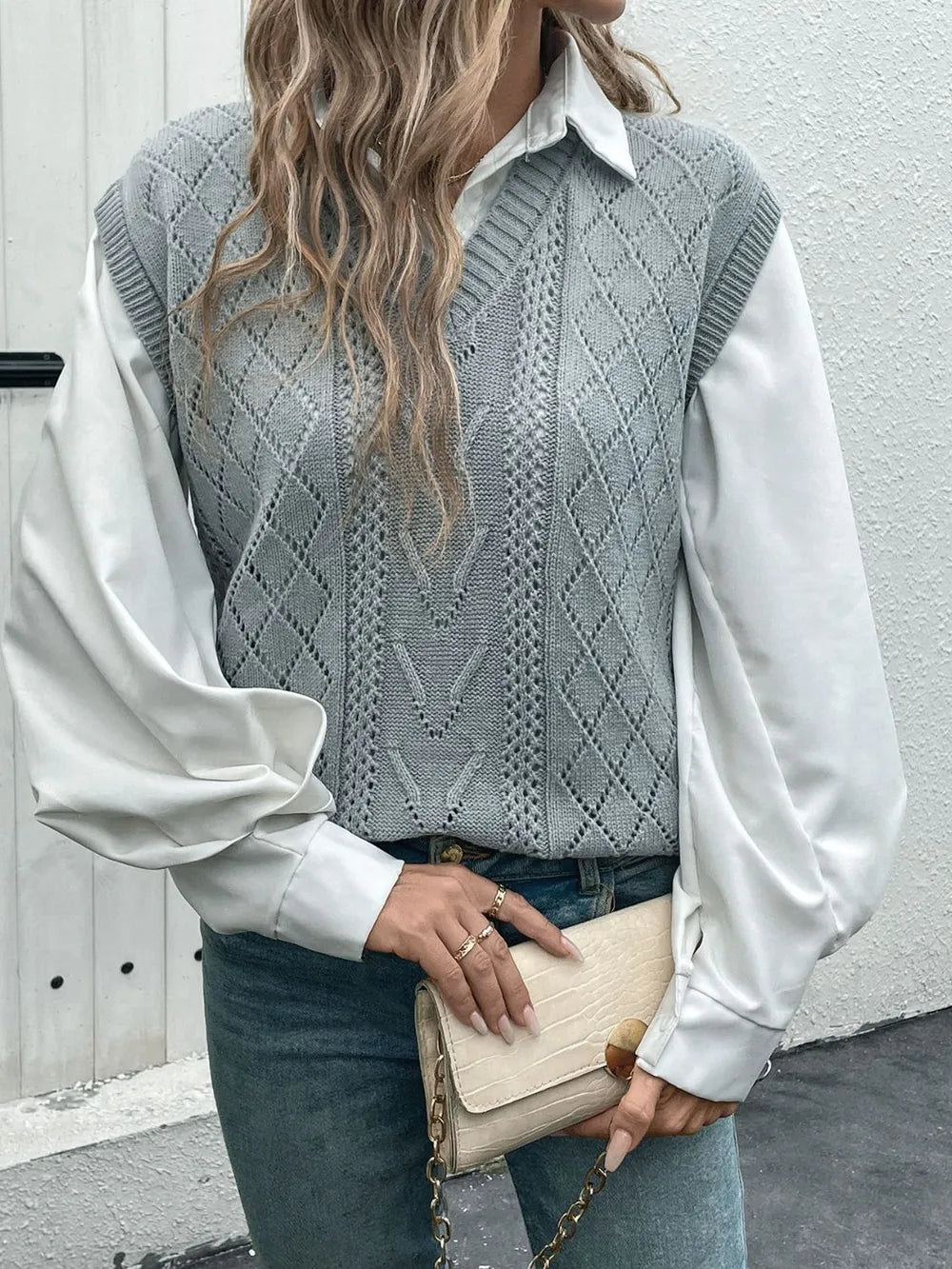 Openwork V Neck Sweater Vest in Gray side view