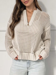Half-Zip Detail Long Sleeve Sweater - Fashorio