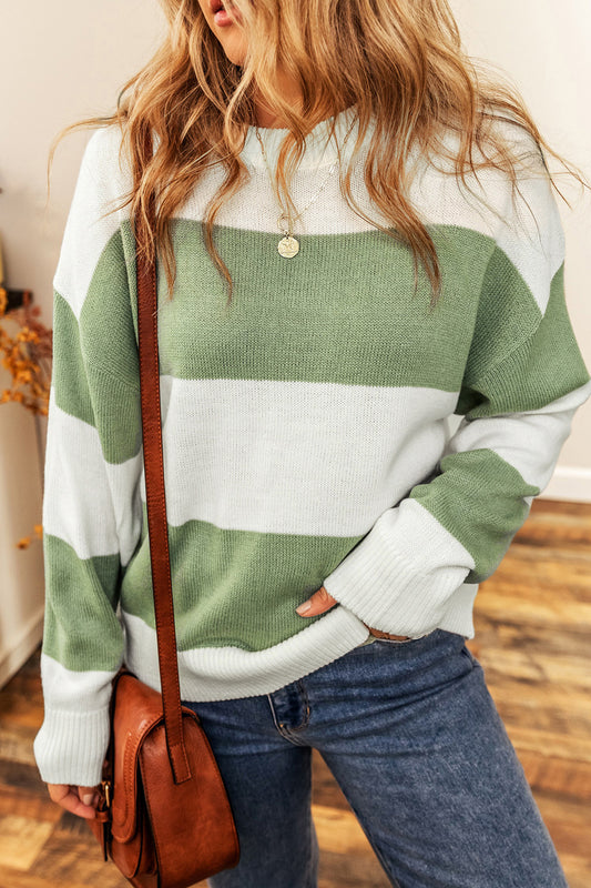 Color Block Round Neck Drop Shoulder Sweater Gum Leaf - Fashorio