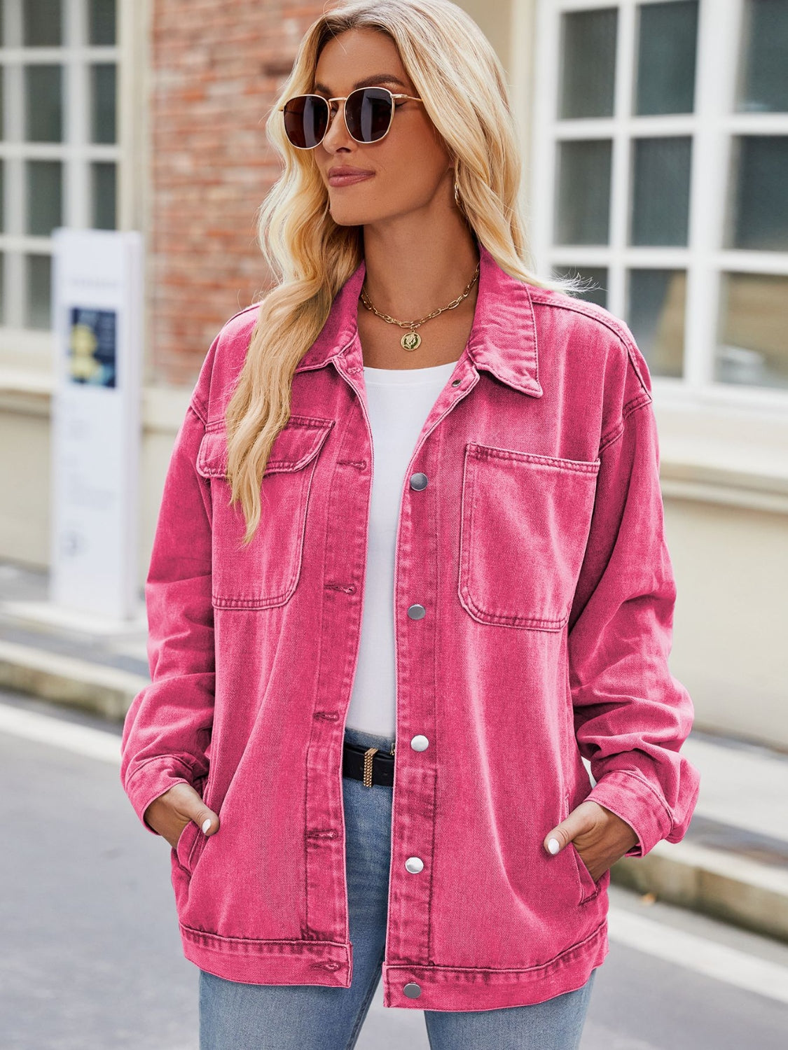 Button Up Denim Jacket with Pockets Hot Pink - Fashorio