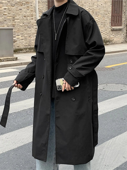Men's Collared Neck Long Sleeve Trench Coat Black - Fashorio