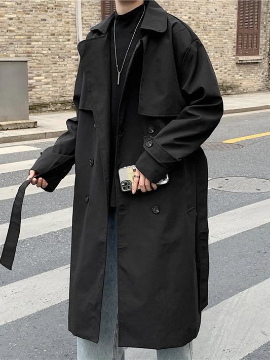 Men's Collared Neck Long Sleeve Trench Coat Black - Fashorio