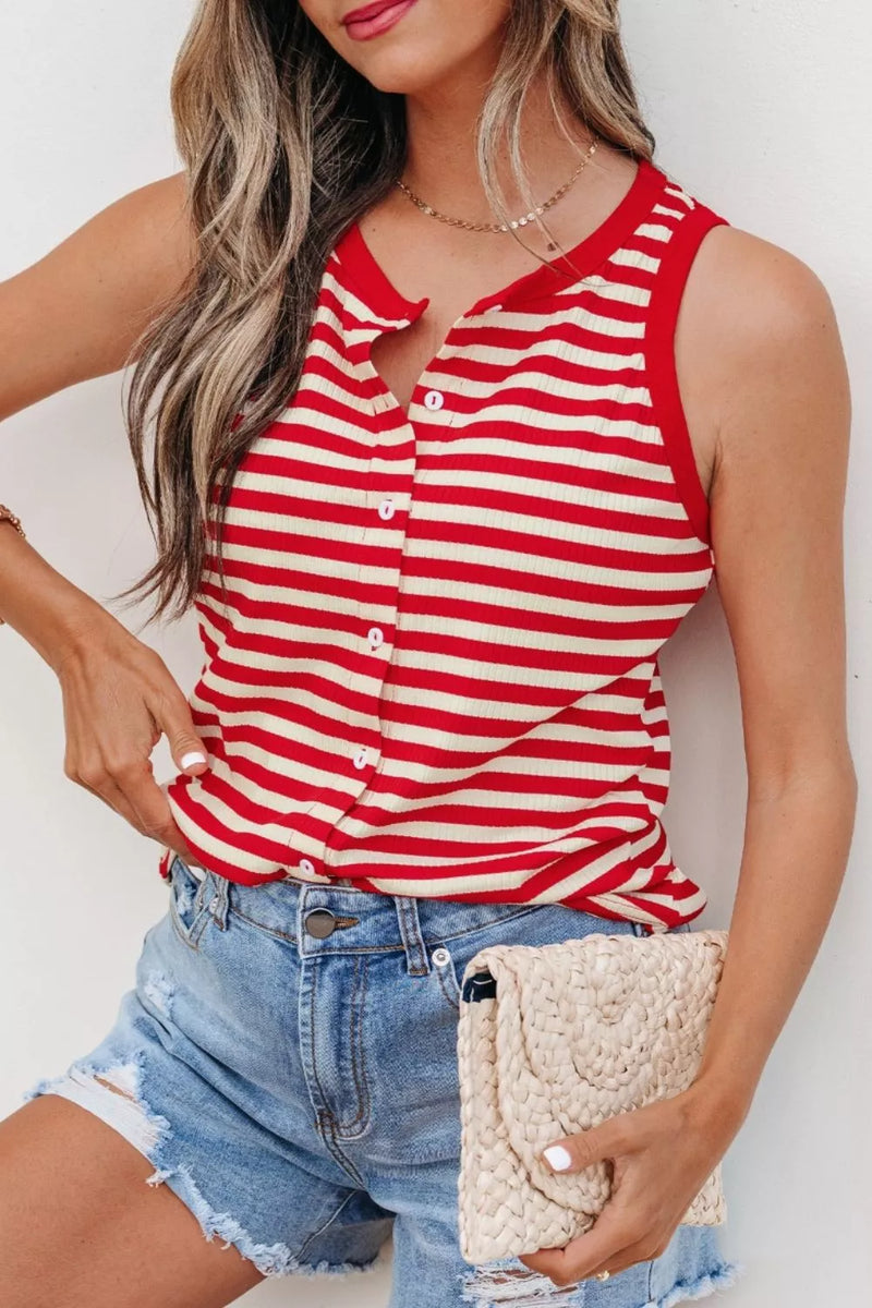 Stripe buttoned ribbed knit tank top front view