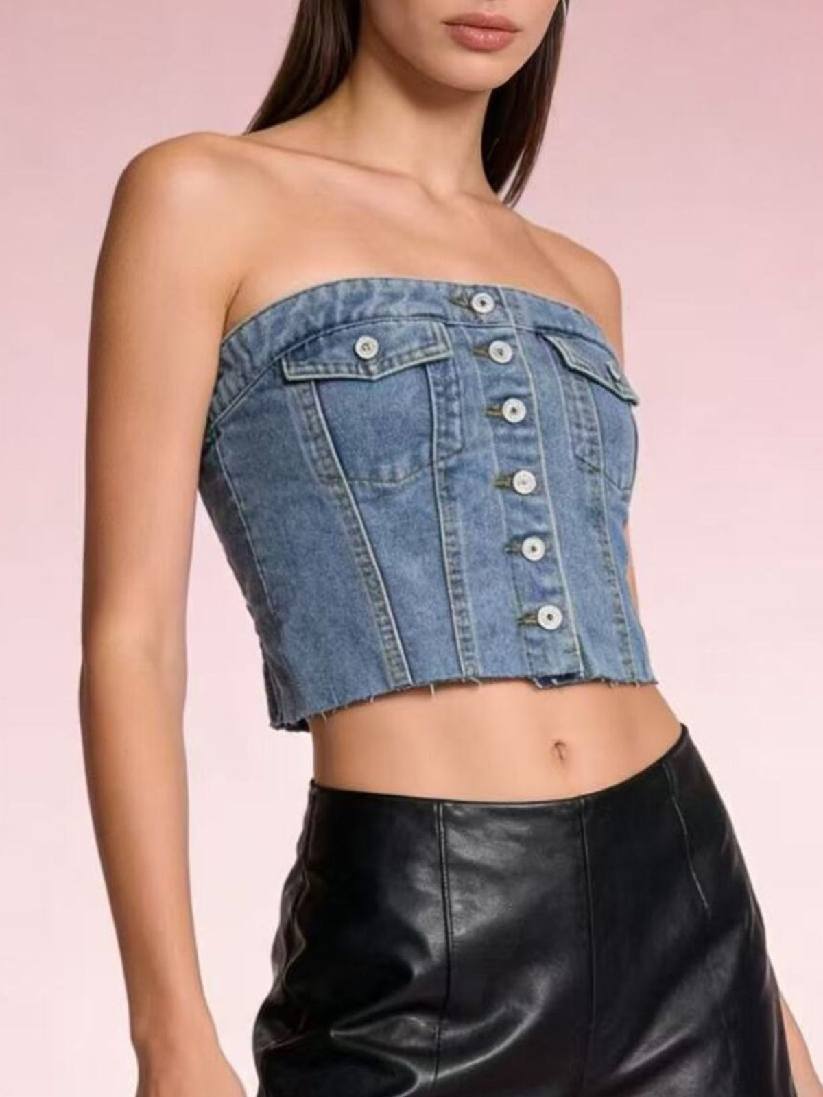 Strapless denim top side view