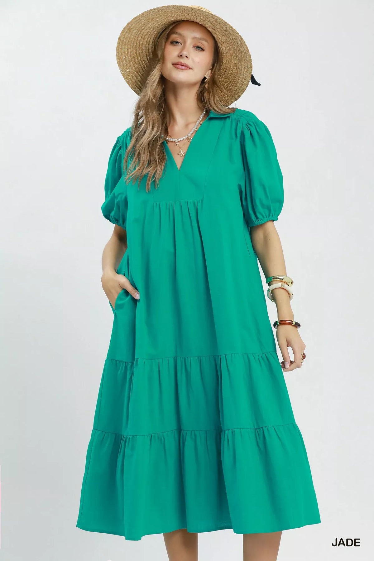 Jade green solid tiered midi dress front view
