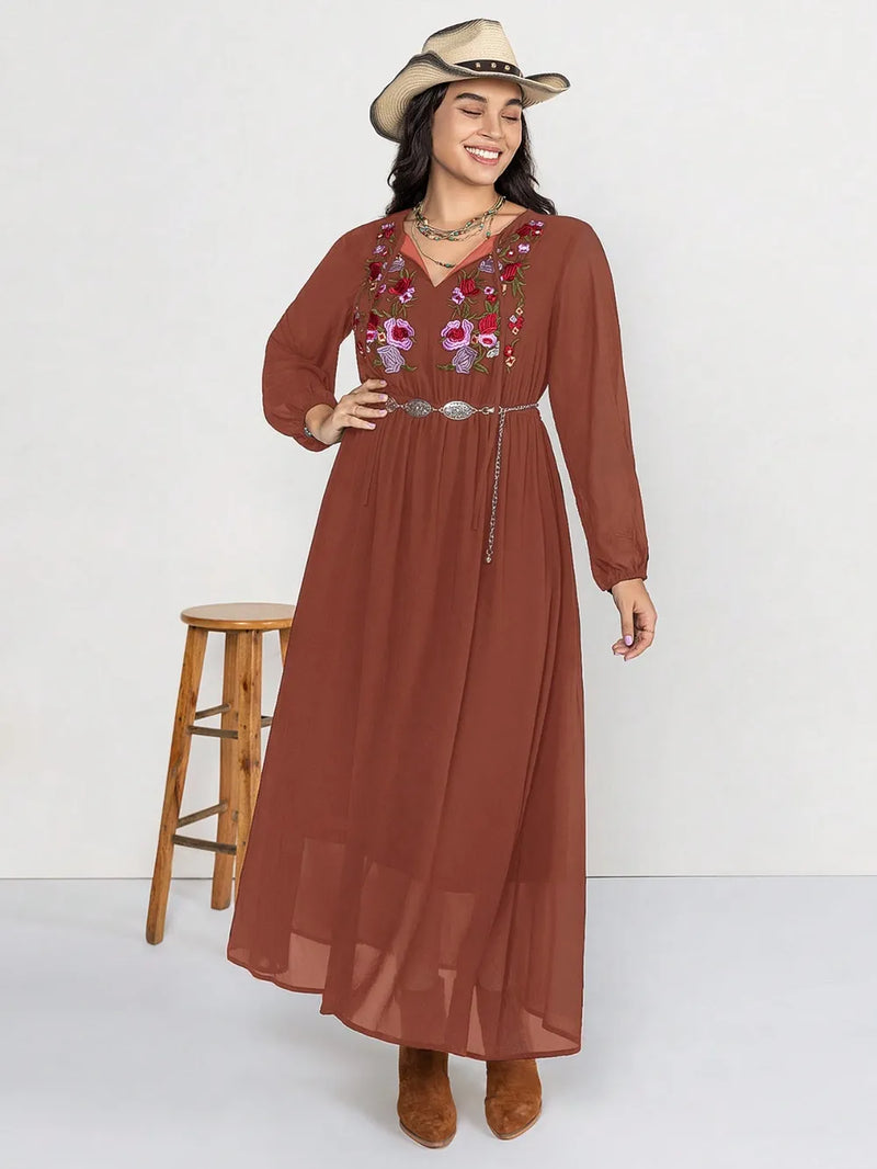 Plus size embroidered tie neck maxi dress in chestnut front view