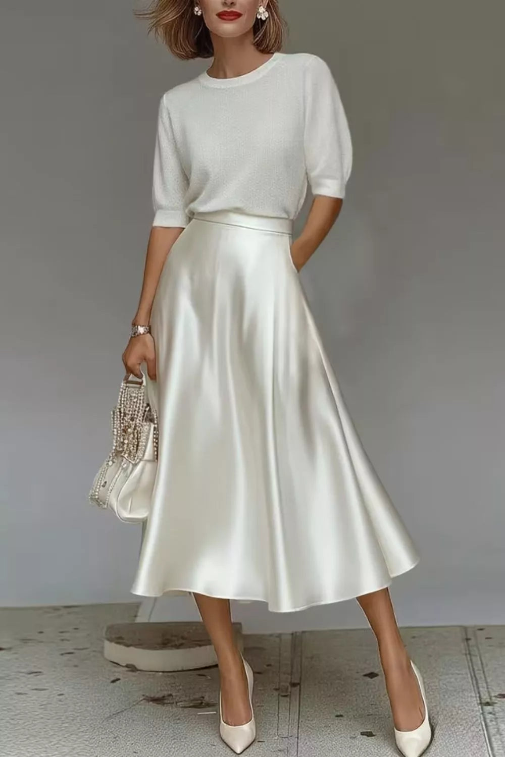 Satin A line midi skirt front view