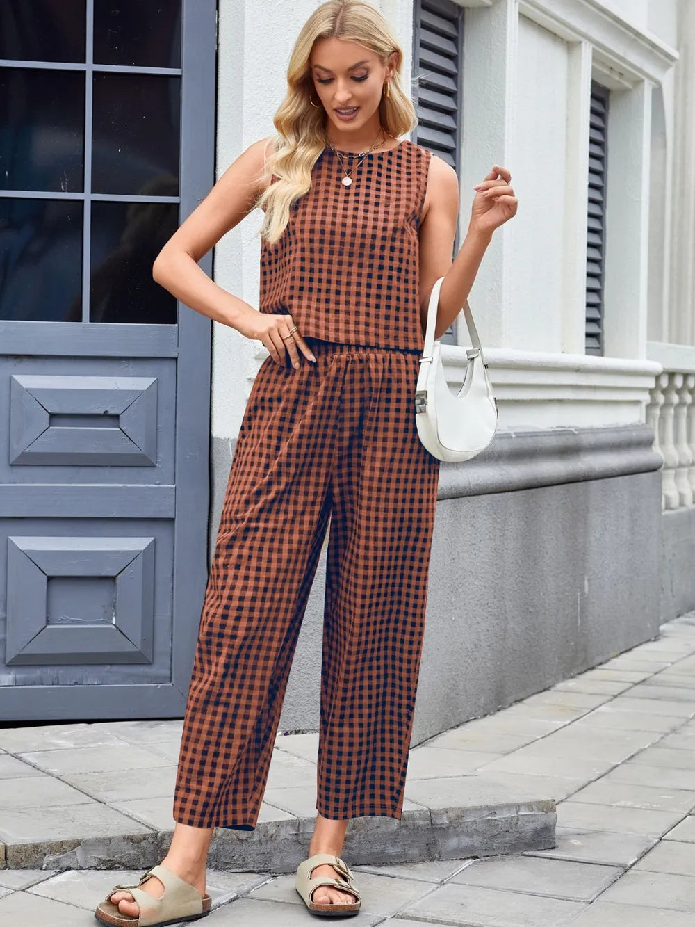 Plaid Sleeveless Top and Pants Set close up