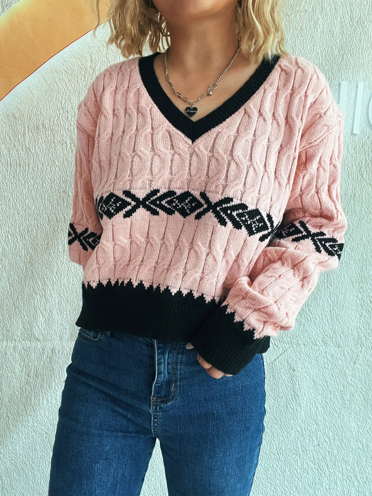 Cable Knit V Neck Sweater front view