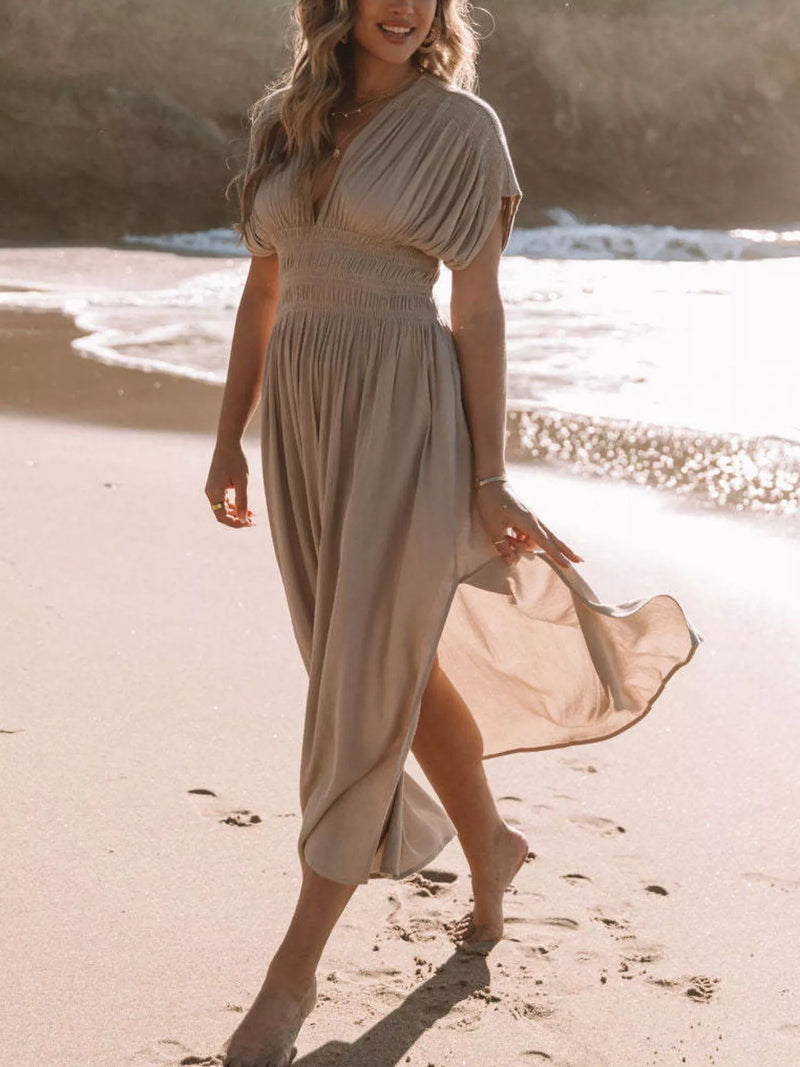 Slit V neck smocked waist maxi dress front view