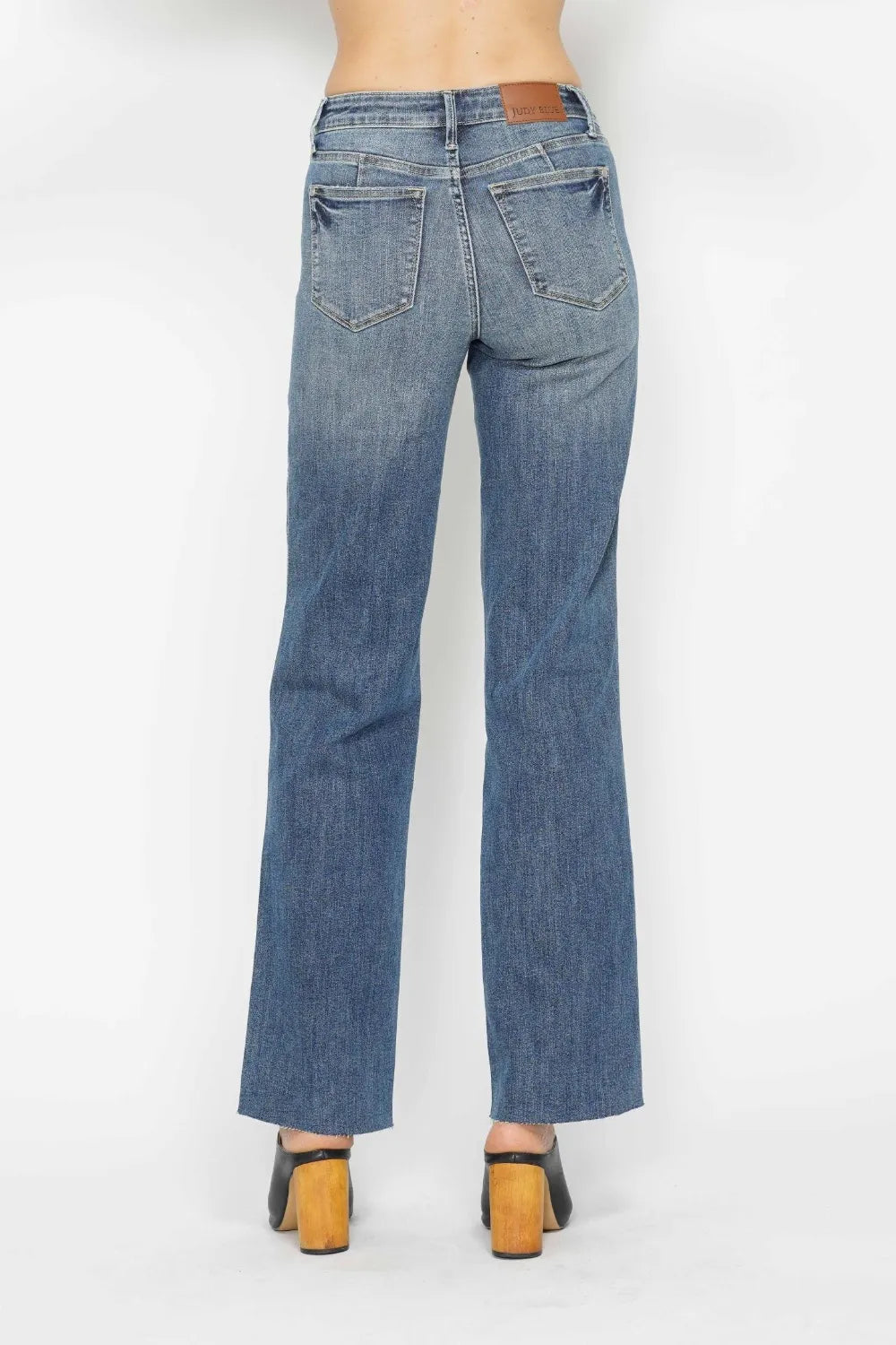 Straight leg jeans side view showing the leg line