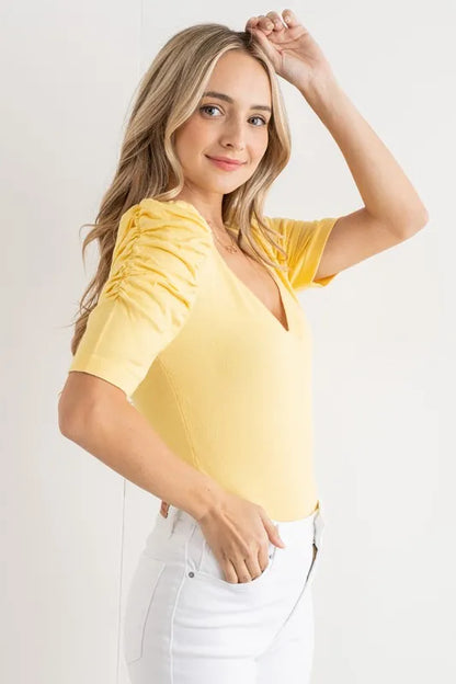 And The Why Shirring Puff Sleeve Bodysuit - Fashorio