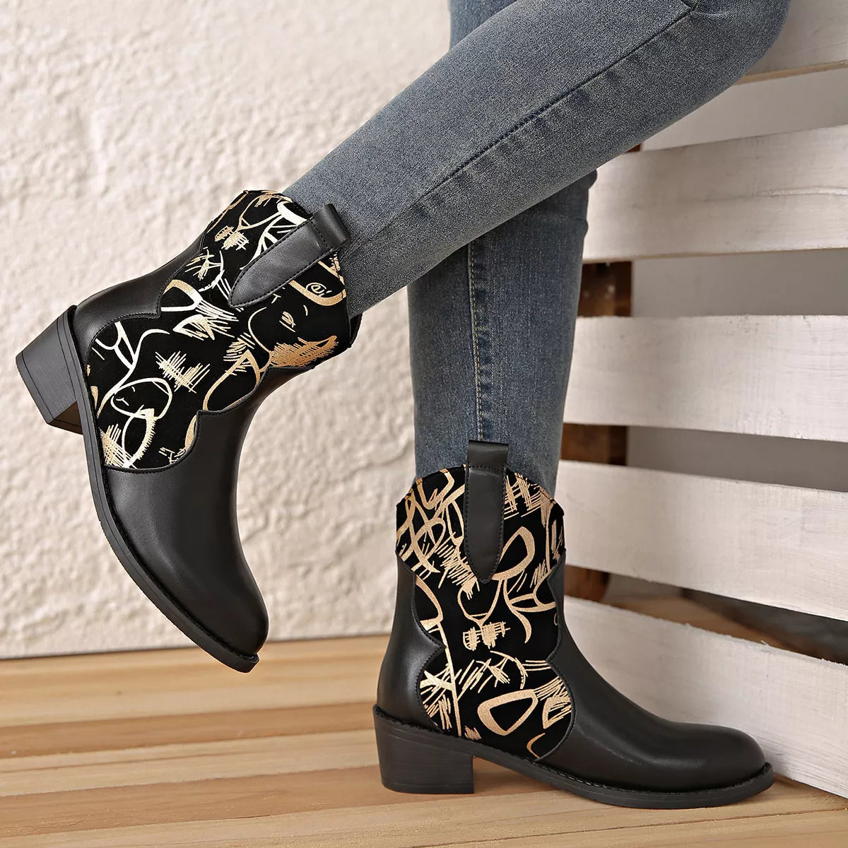 Black point toe block heel boots front view