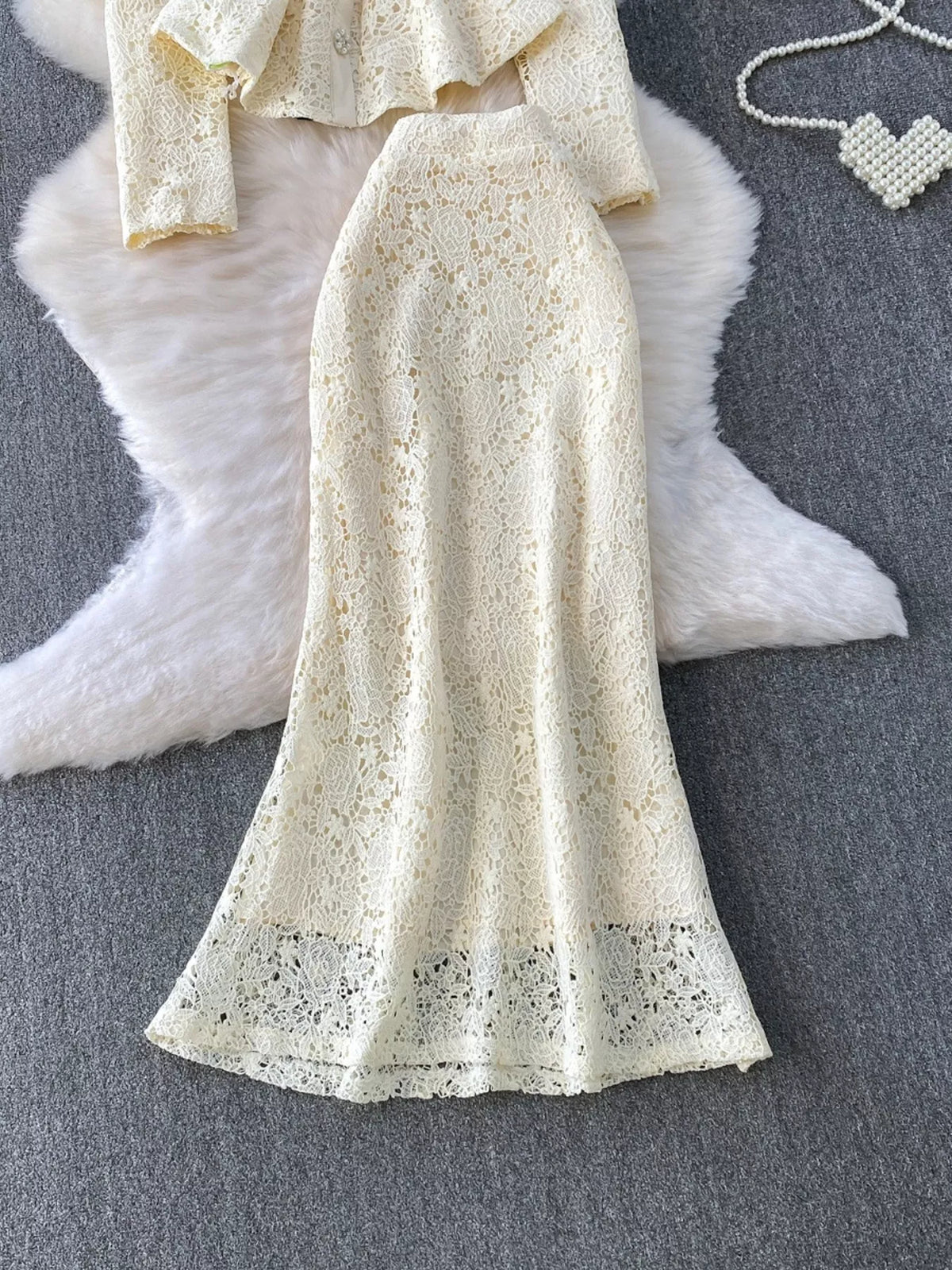 Pastel lace top and skirt coordinated set styled look