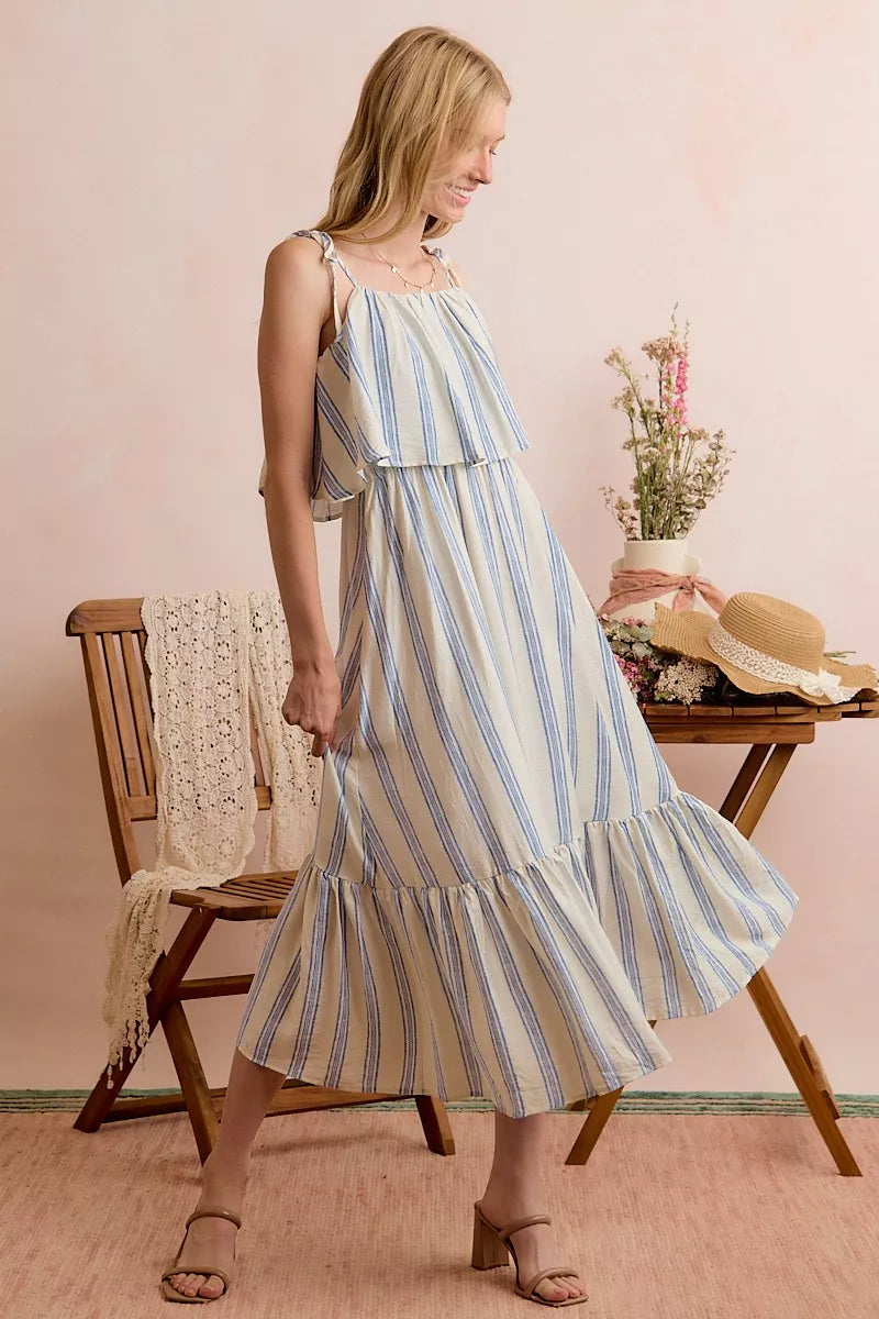 White and blue striped tiered midi dress with shoulder ties front view