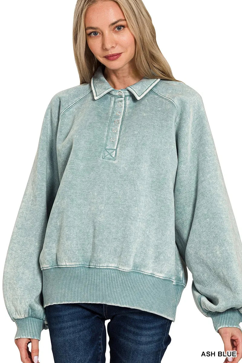 Zenana Acid Wash Fleece Collared Sweatshirt - Fashorio