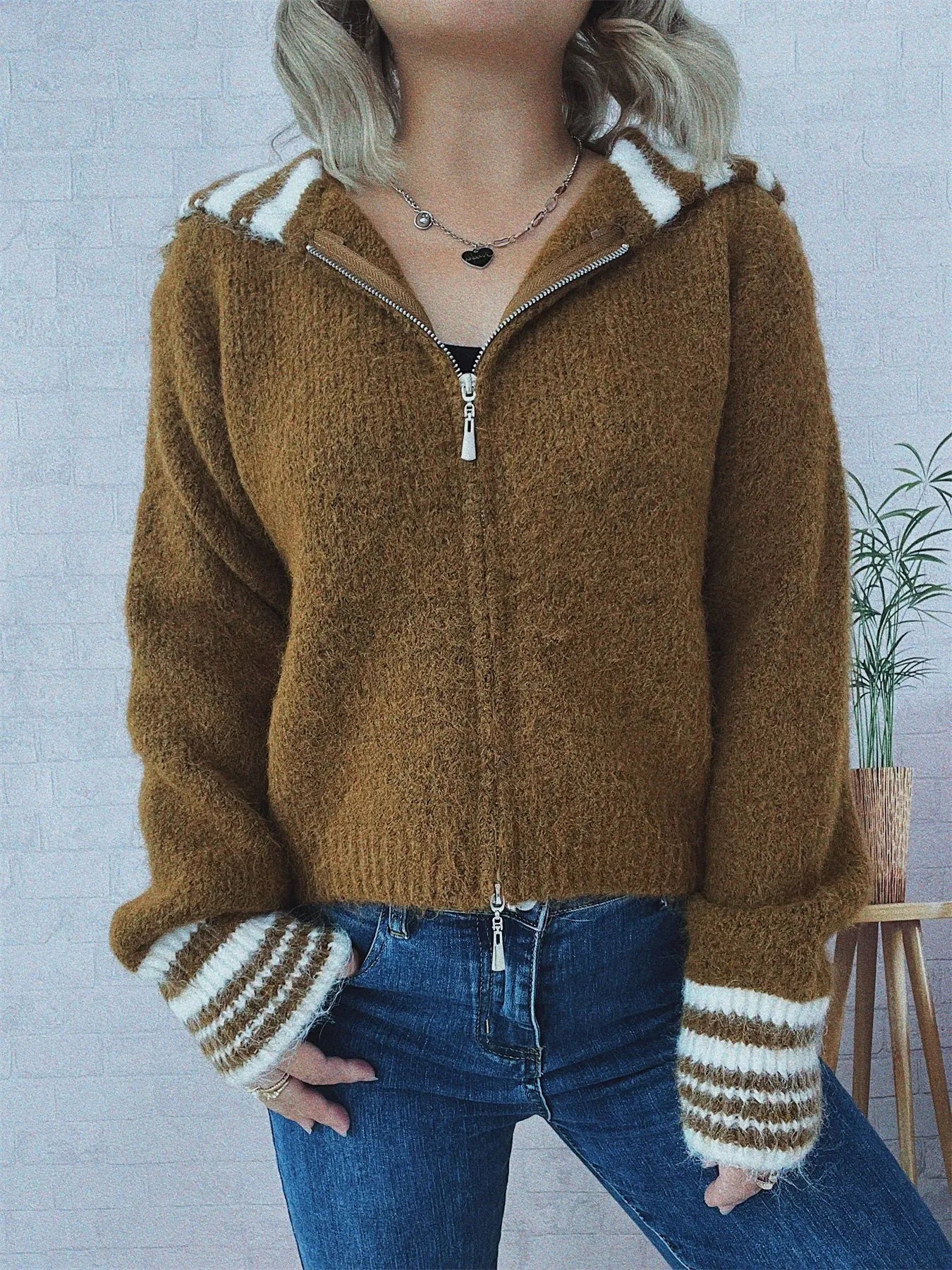 Striped Zip-Up Cardigan - Fashorio