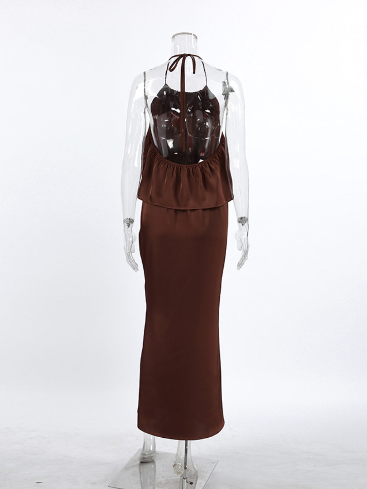 brown backless halter neck maxi dress fabric detail