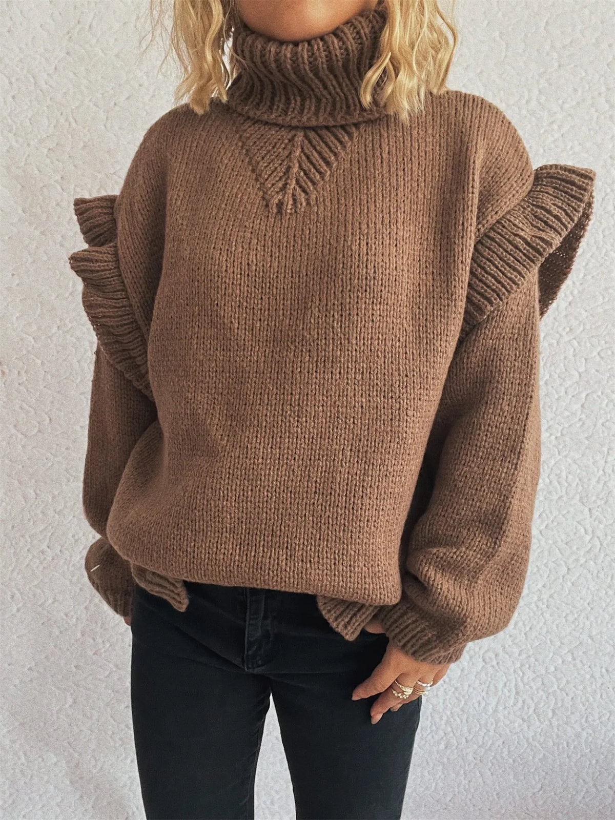 Ruffled turtleneck long sleeve sweater close up detail