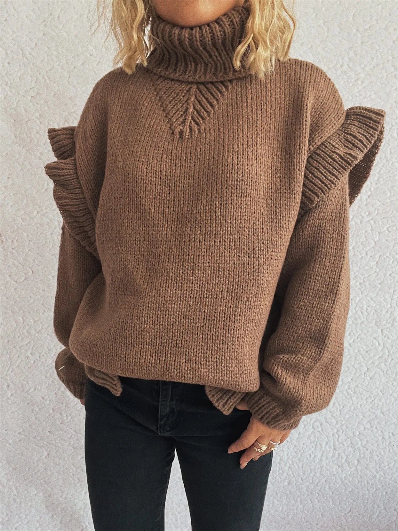 Ruffled Turtleneck Long Sleeve Sweater Brown One Size - Fashorio