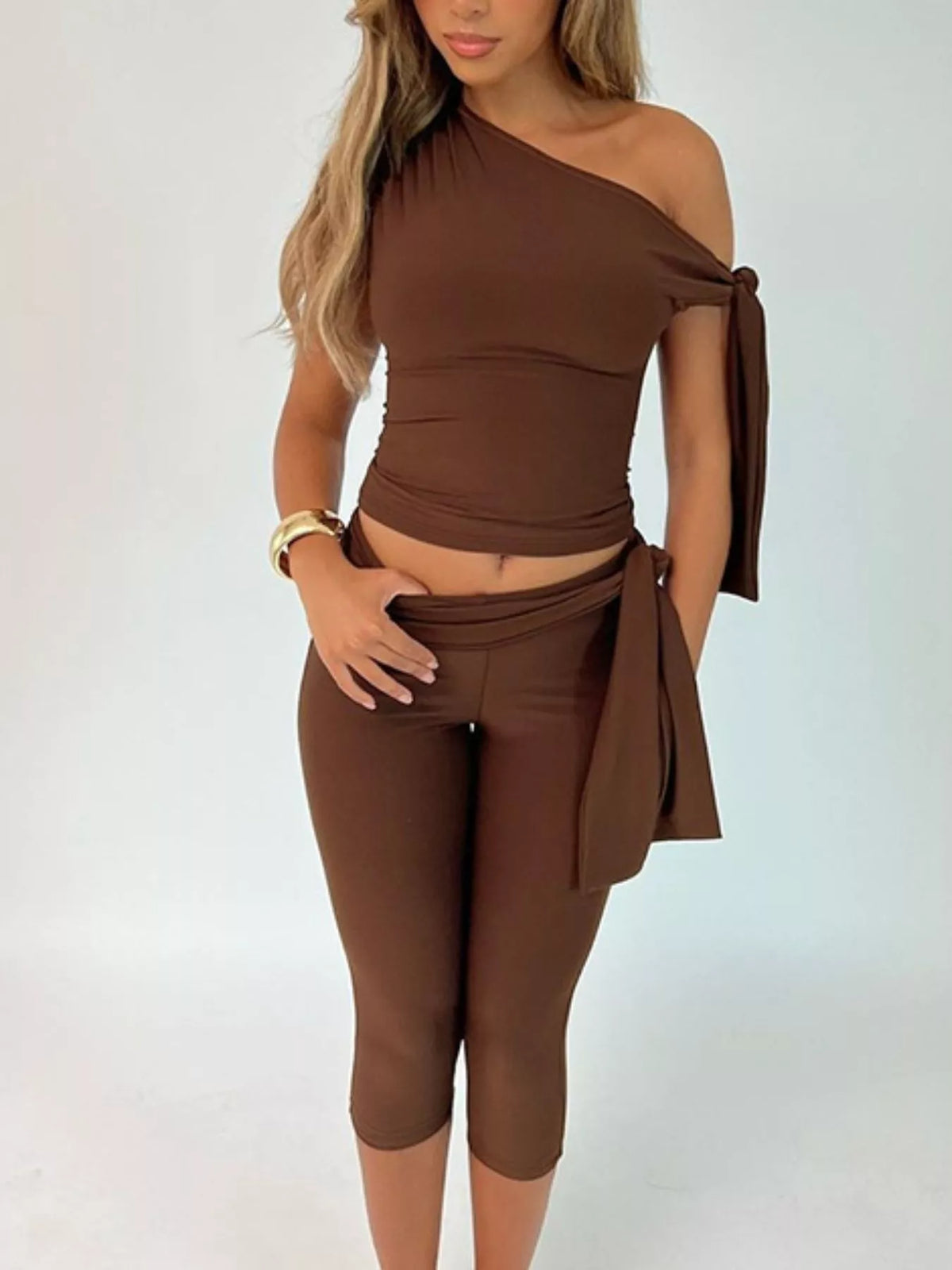 Tied One Shoulder Top and Capri Two Piece Set, view 10