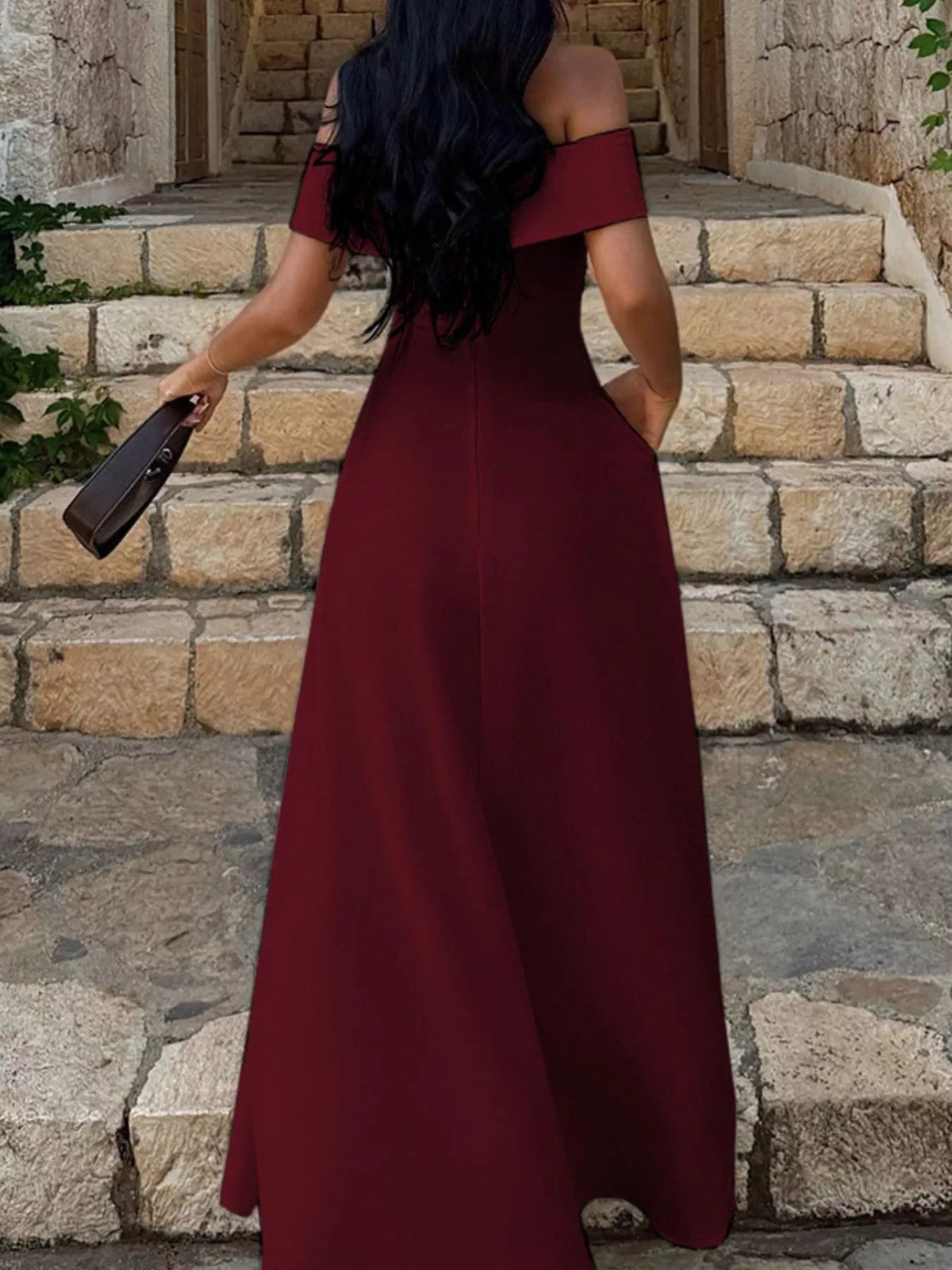 Off shoulder A line maxi dress three quarter view